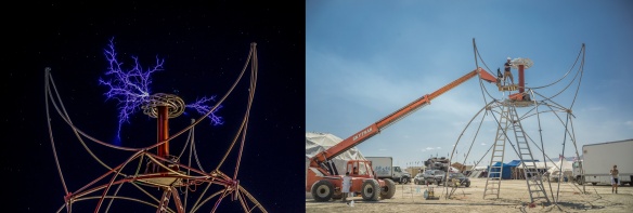 3 million Volt musical Tesla coil at night and during assembly